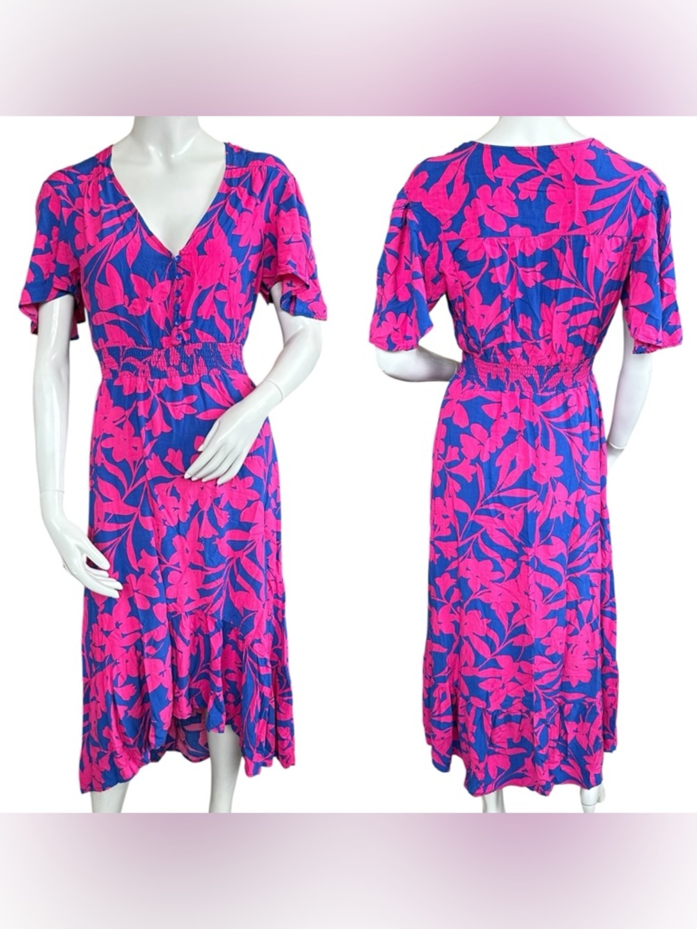 Abel The Label Anthropologie Cassidy Hi-Lo Pink & Blue Floral Midi Dress Small